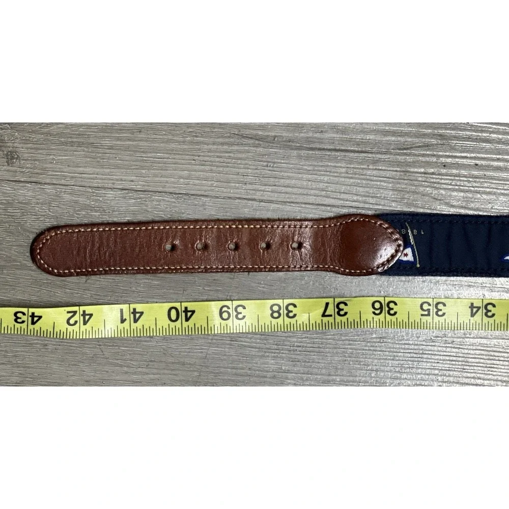 Leather Man Ltd Navy Sailboat Needlepoint Leather Belt 38 Preppy Nautical USA
